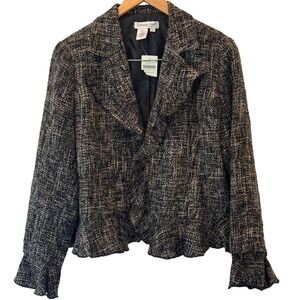 NWT Career Academia 90s Office Petite M Tweed Ruffle Blazer Jacket Black Wht